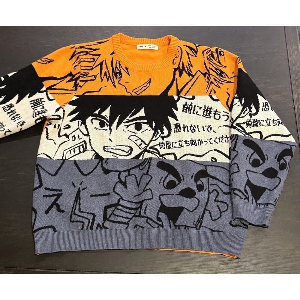 Shein Boys Anime Sweater Crew Neck Long Sleeve Size XL 13-14 Stretch Orange Blue